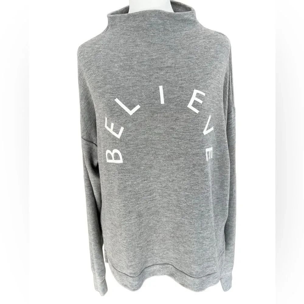 Marled Reunited BELIEVE Grey Funnel Neck Sweatshirt